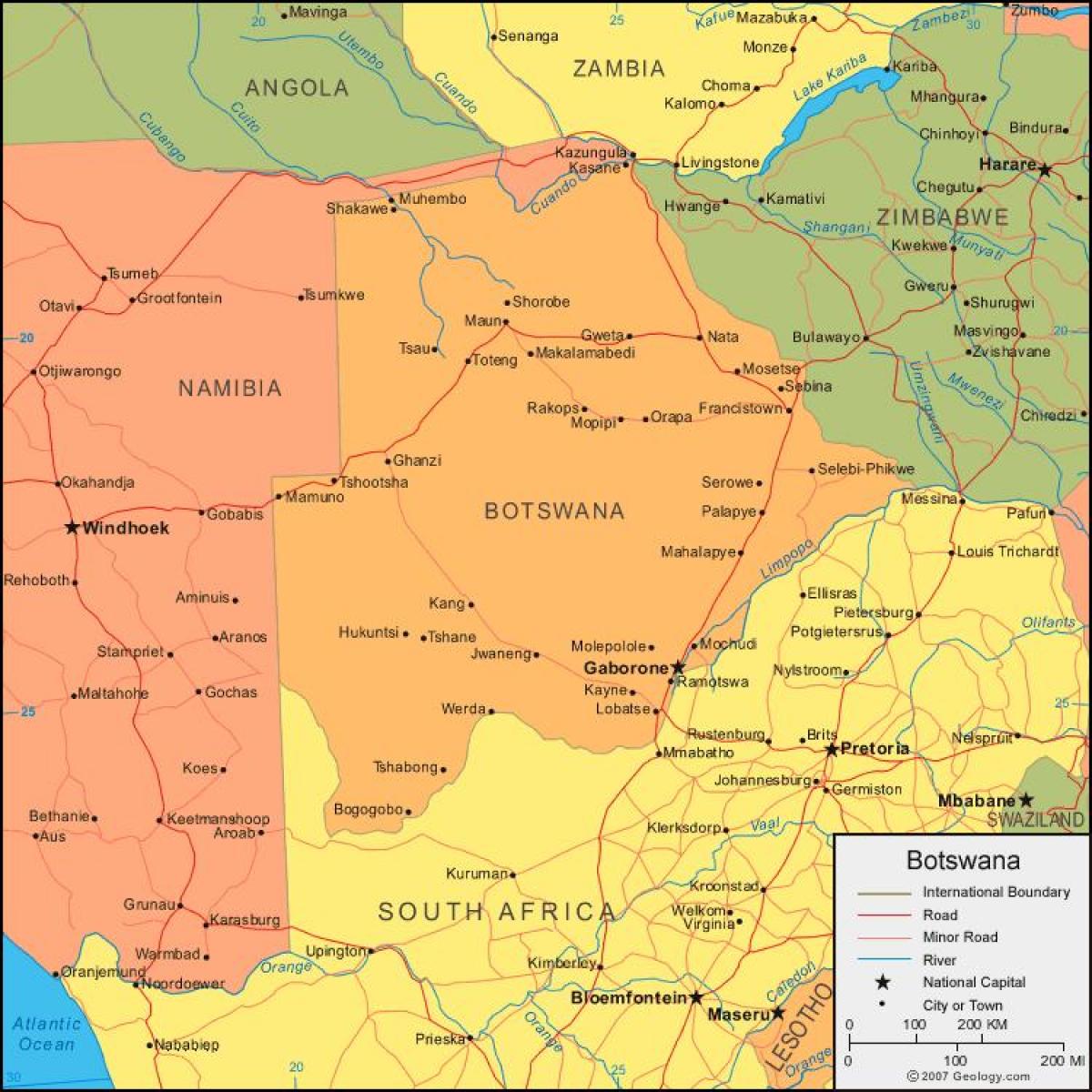 mapa de Botswana mostrando todas as aldeas