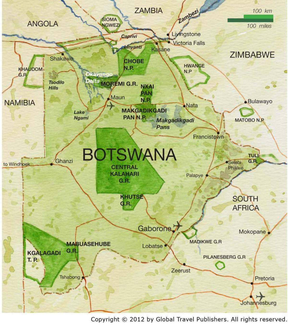 mapa de Botswana xogo reservas