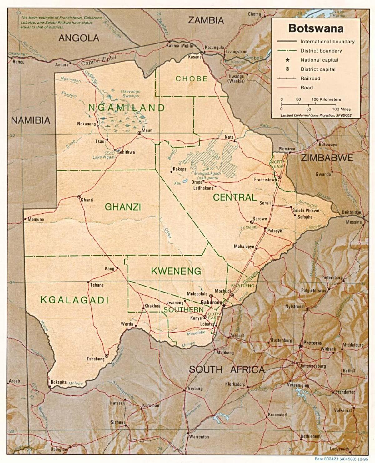 mapa de Botswana mostrando cidades e aldeas